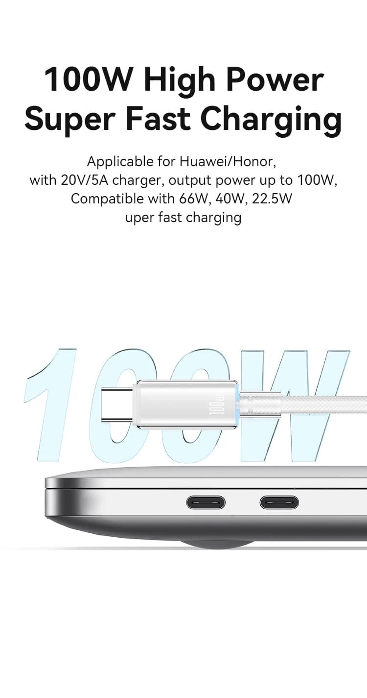 كابل بيانات شفاف للشحن السريع من Type-C إلى Type-c  مزود بإضاءة 100w