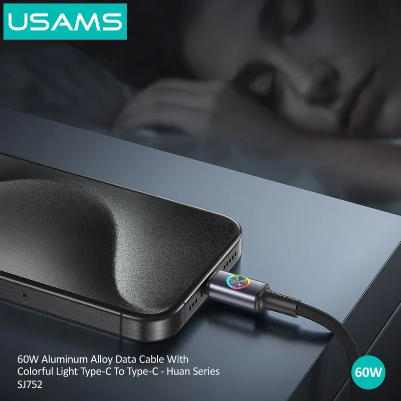 كابل USAMS SJ752 – شحن سريع 60W بتصميم معدني وإضاءة ملونة