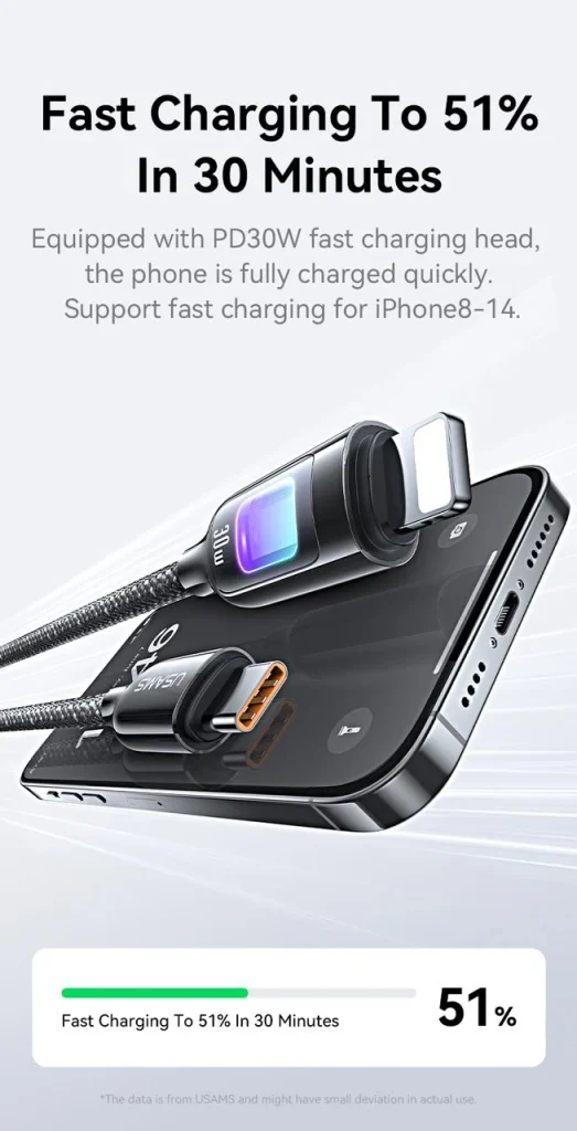 كابل USAMS SJ749 – Type-C إلى Lightning، شحن سريع 30W
