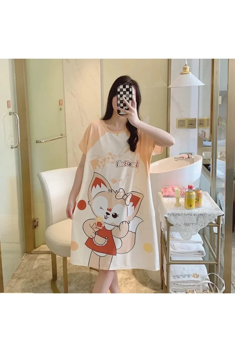 قميص نوم قصير بأكمام قصيرة ورسمة لطيفة – خوخي